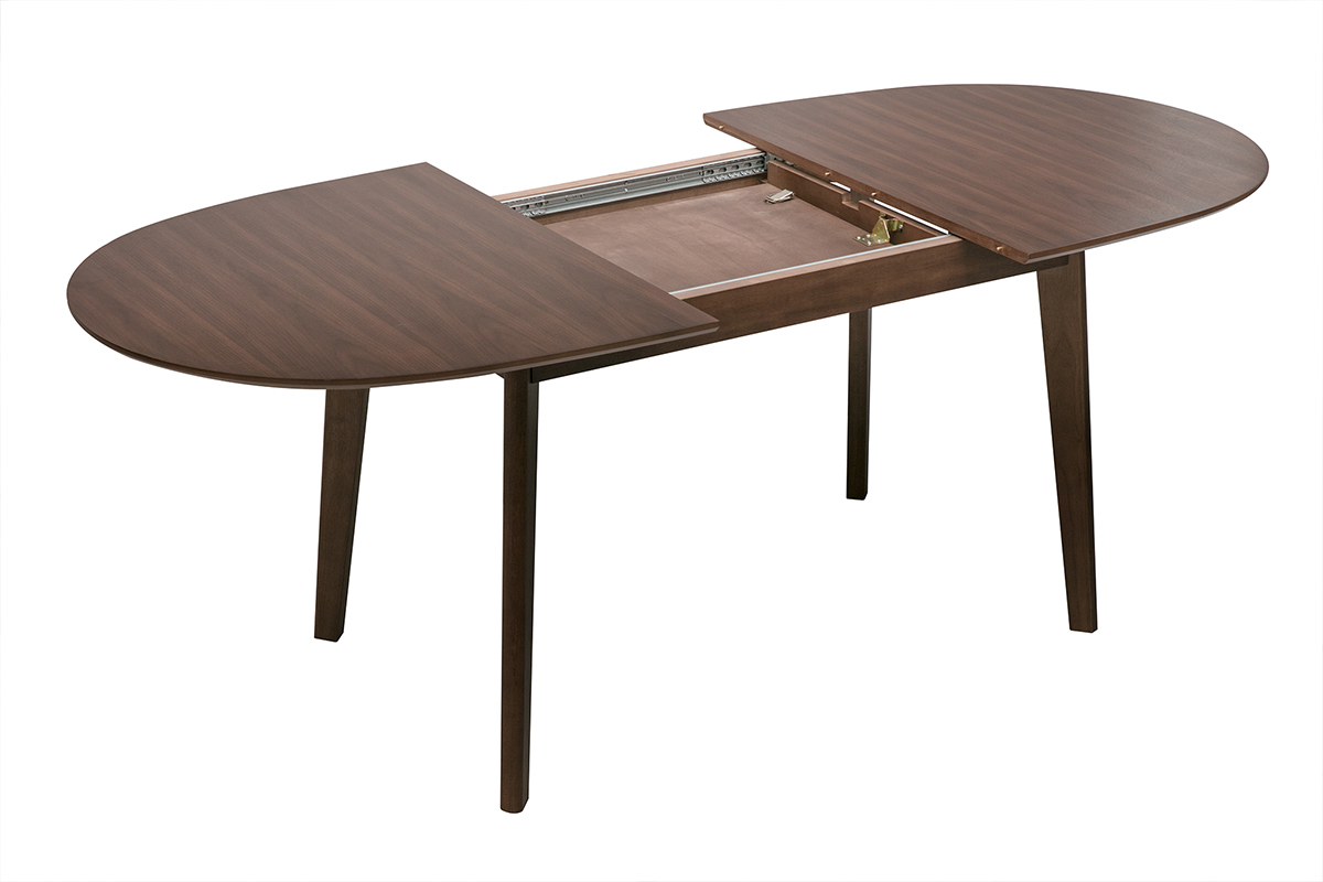 Mesa de comedor ovalada extensible de madera oscura nogal, vista en tres cuartos con la extensi�n abierta.