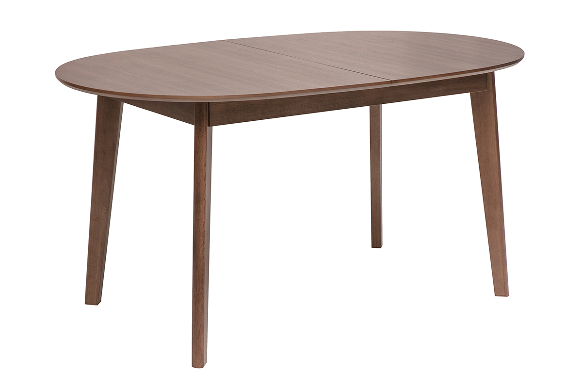 Mesa de comedor ovalada extensible de madera oscura nogal, vista en tres cuartos.