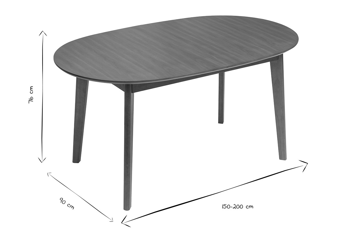 Dimensiones de la mesa de comedor ovalada extensible, L150-200 cm, H76 cm, P90 cm, en negro y blanco.