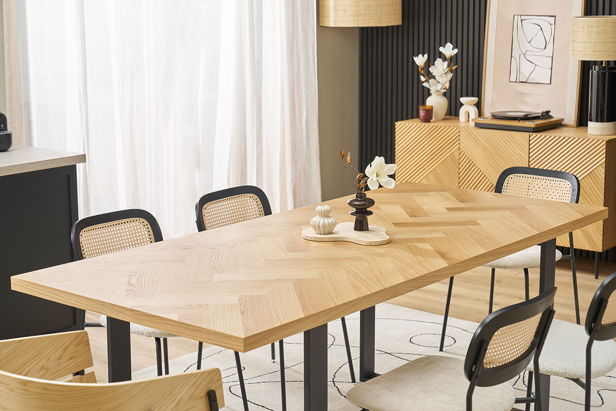Mesa de comedor rectangular acabado roble y metal negro L200 cm MAGDA