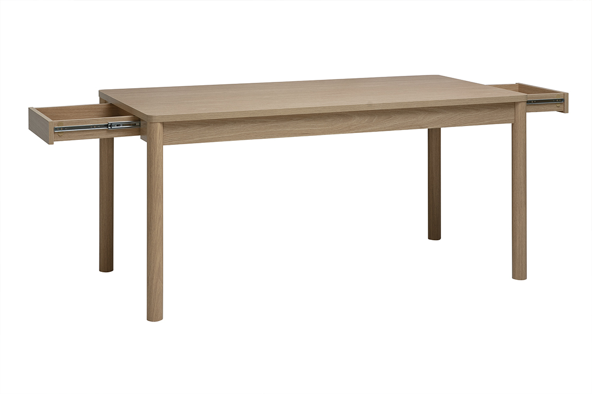 Mesa de comedor rectangular de madera clara de roble con dos cajones abiertos, vista de 3/4.