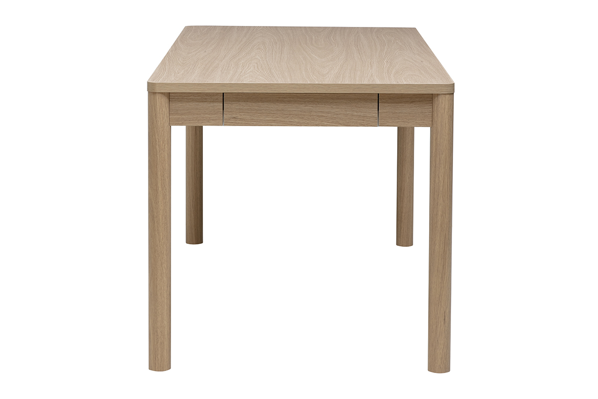 Mesa de comedor rectangular IZZIE de madera clara de roble, vista de perfil, con almacenaje integrado.
