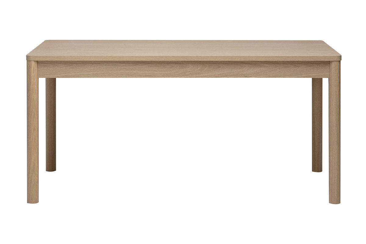 Mesa de comedor rectangular de madera clara de roble, vista frontal, con dos cajones de almacenamiento.