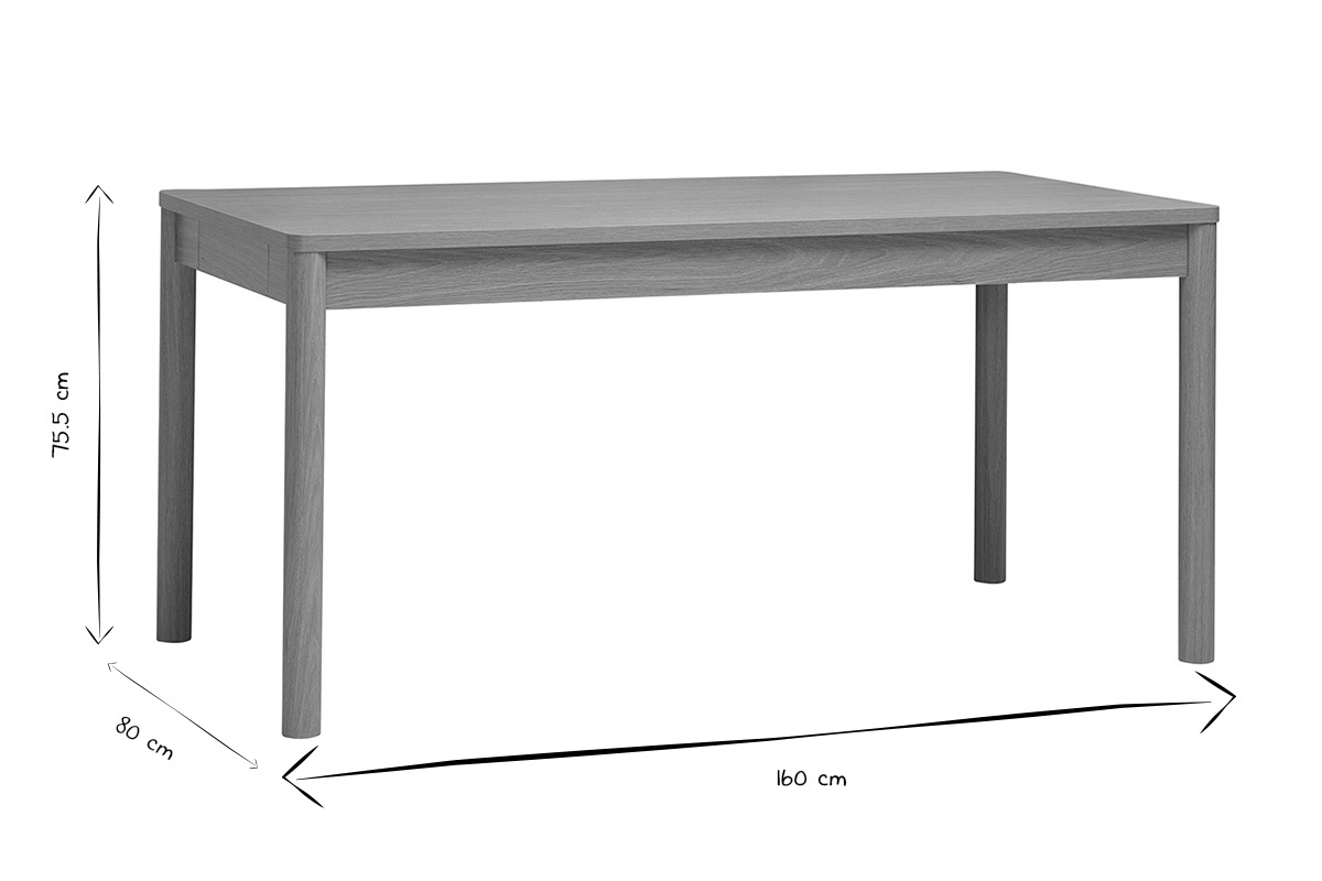 Dimensiones de la mesa de comedor IZZIE en negro y blanco, 160 cm x 80 cm x 75,5 cm.