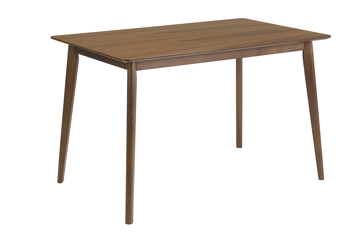 Mesa de comedor rectangular de madera de nogal oscuro, vista en 3/4, dimensiones L120 x P75 cm.