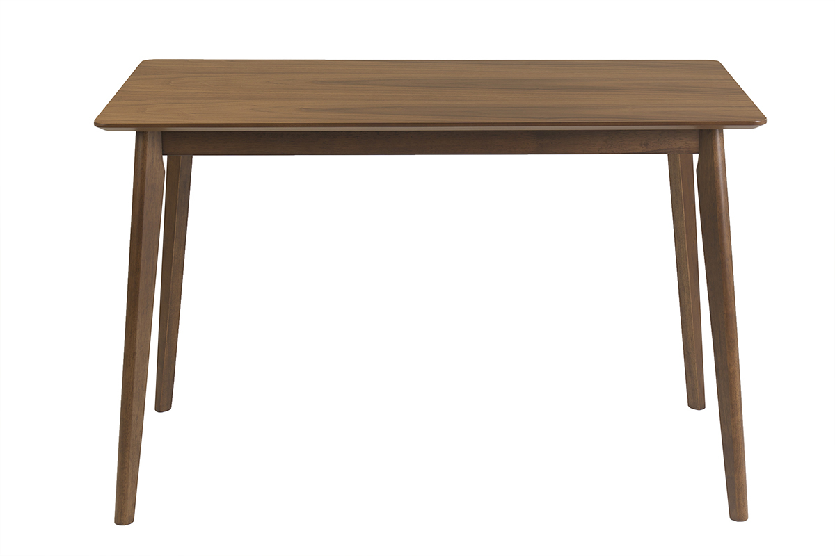 Mesa de comedor rectangular de madera oscura nogal, vista frontal