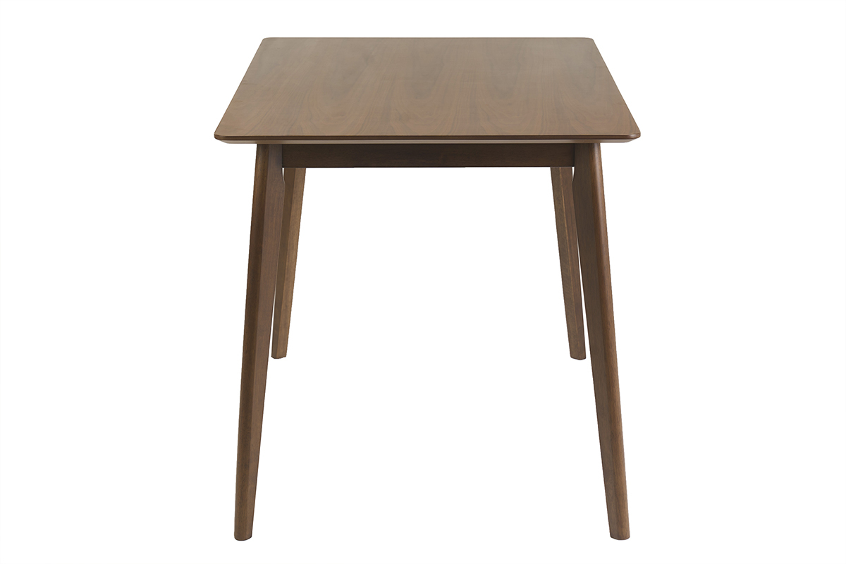 Mesa de comedor rectangular de madera oscura nogal, vista de perfil en �ngulo, dimensiones L120 cm.