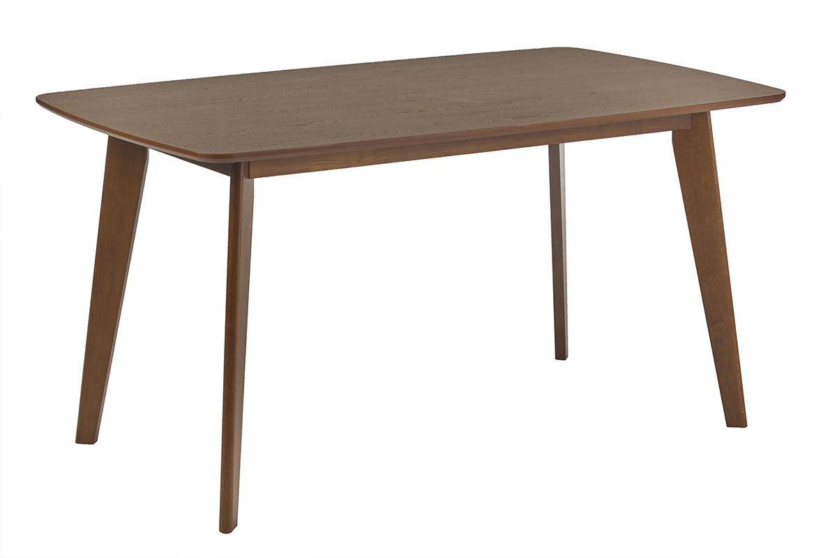 Mesa de comedor rectangular escandinava de madera oscura nogal, vista de 3/4.