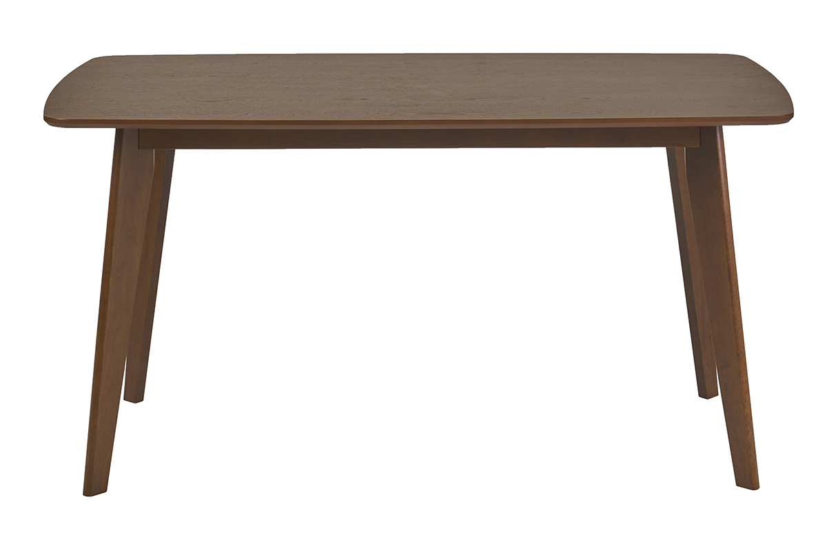 Mesa de comedor rectangular escandinava de madera oscura nogal, vista frontal.