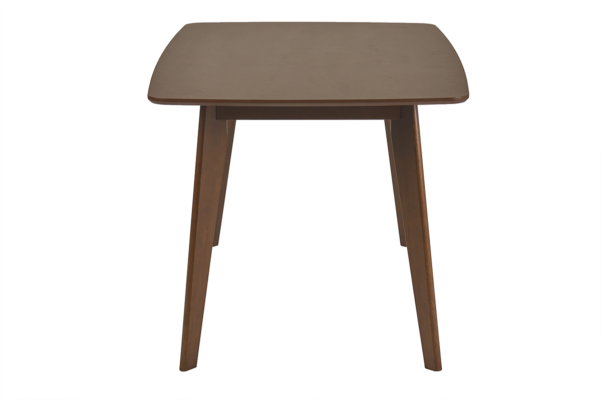 Mesa de comedor rectangular escandinava de madera oscura, vista de perfil, dimensiones L150 cm.