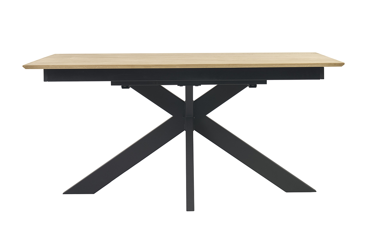 Mesa de comedor rectangular extensible de roble macizo sobre base en cruz, vista frontal.