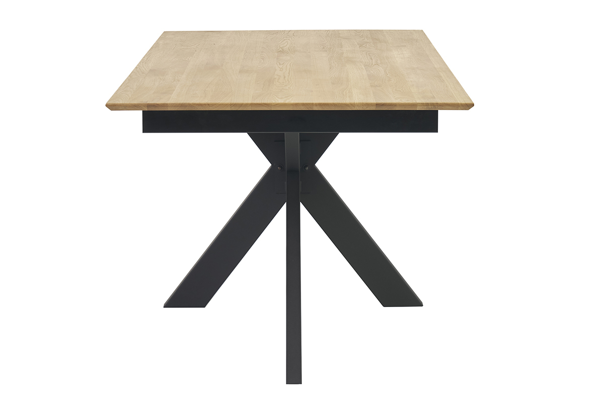 Mesa de comedor AGATA de roble macizo, vista lateral, patas cruzadas.