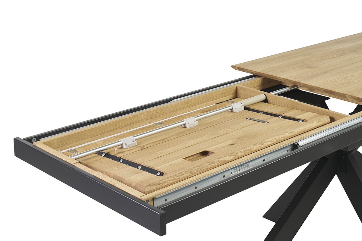 Mesa de comedor AGATA en roble claro con extensin de mariposa integrada, vista desde arriba.