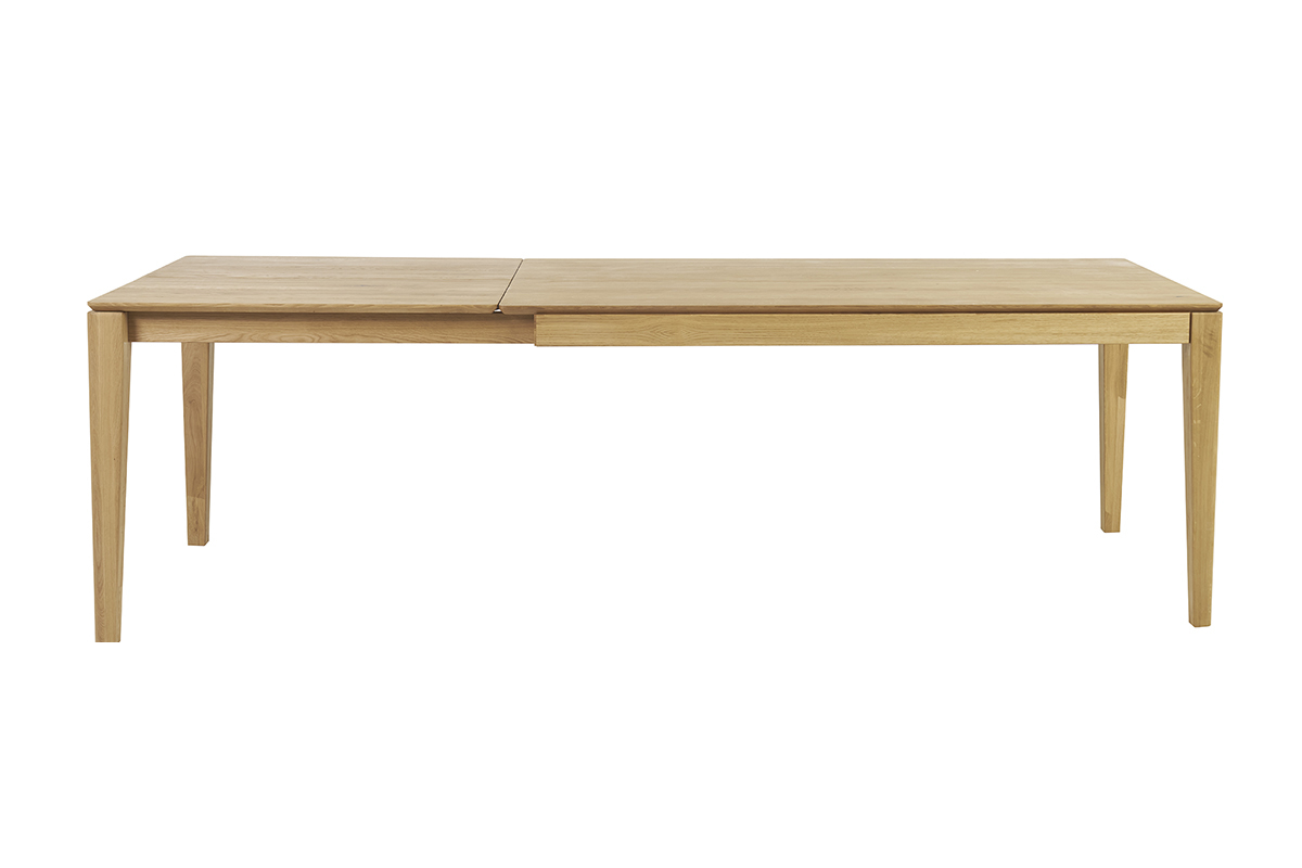 Mesa de comedor rectangular de madera clara con extensin vista de frente.