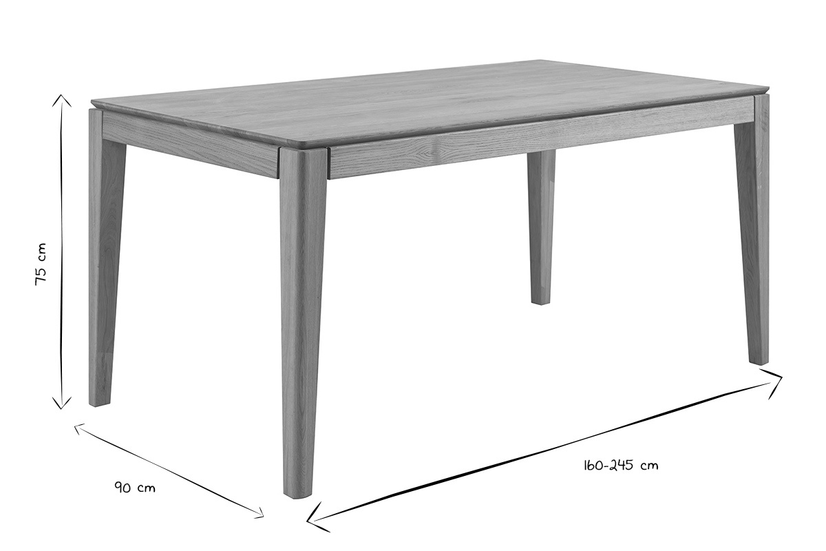 Mesa rectangular de madera con dimensiones 160-245 cm de largo, 90 cm de ancho, 75 cm de alto, en negro y blanco.