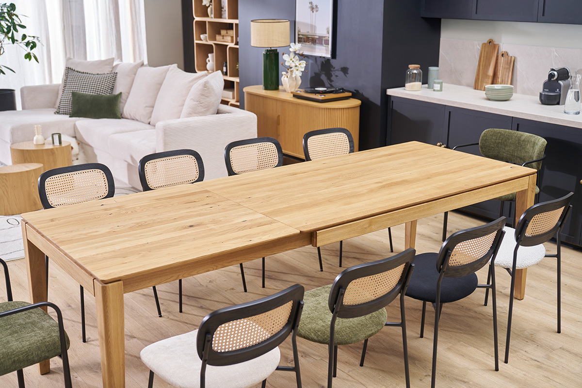 Mesa de comedor rectangular extensible con alargue integrado en madera clara de roble macizo L160-245 cm NELYA