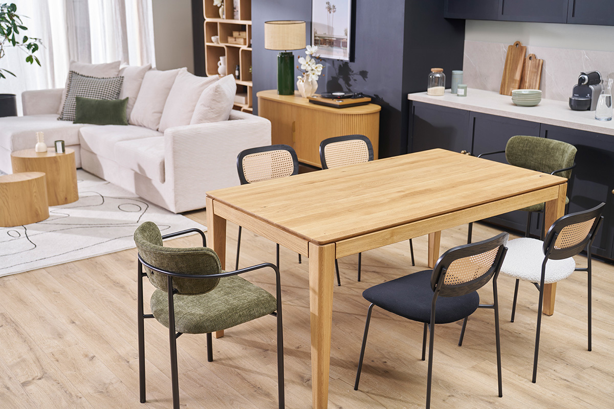 Mesa de comedor rectangular extensible con alargue integrado en madera clara de roble macizo L160-245 cm NELYA