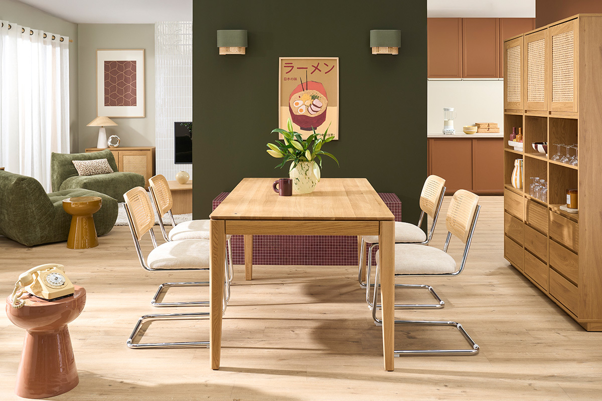 Mesa de comedor rectangular extensible con alargue integrado en madera clara de roble macizo L160-245 cm NELYA