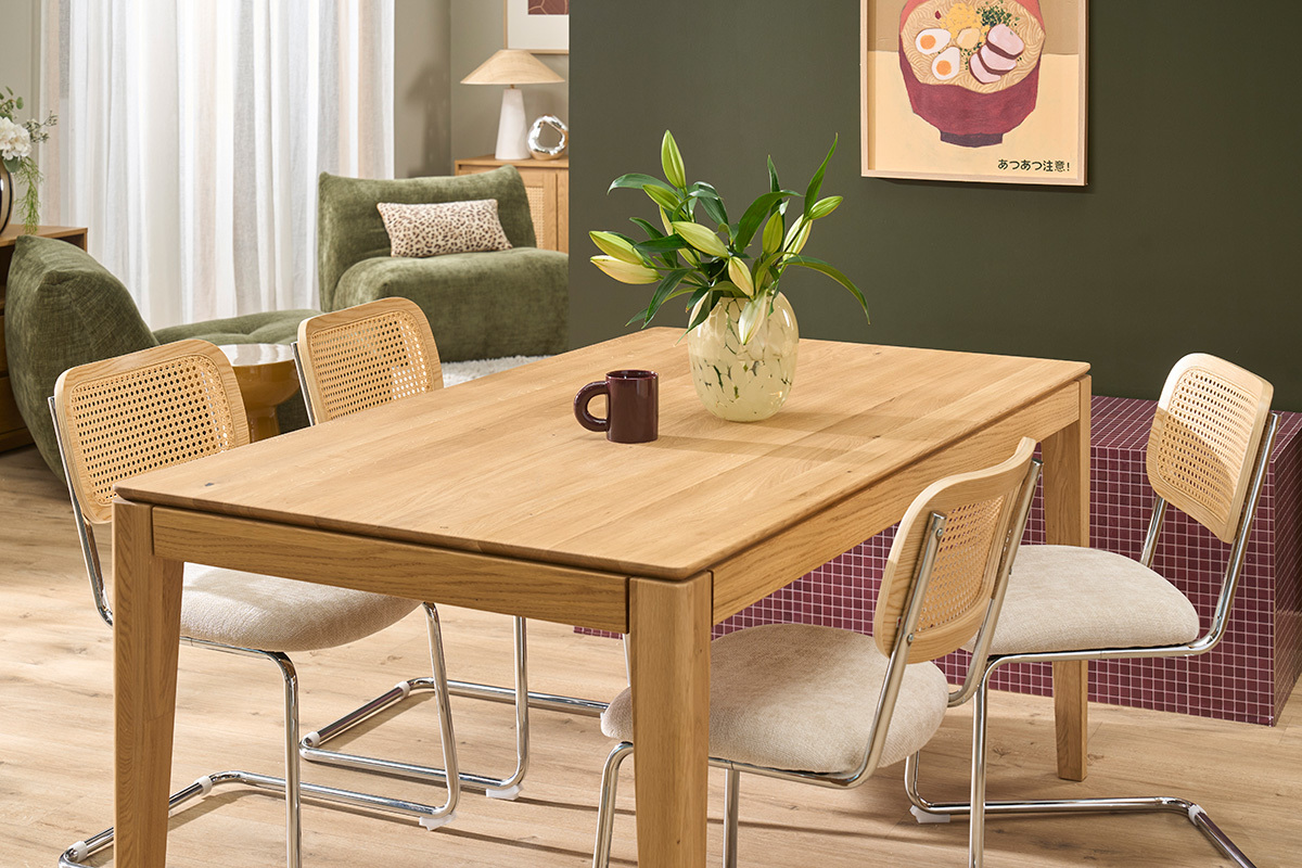 Mesa de comedor rectangular extensible con alargue integrado en madera clara de roble macizo L160-245 cm NELYA