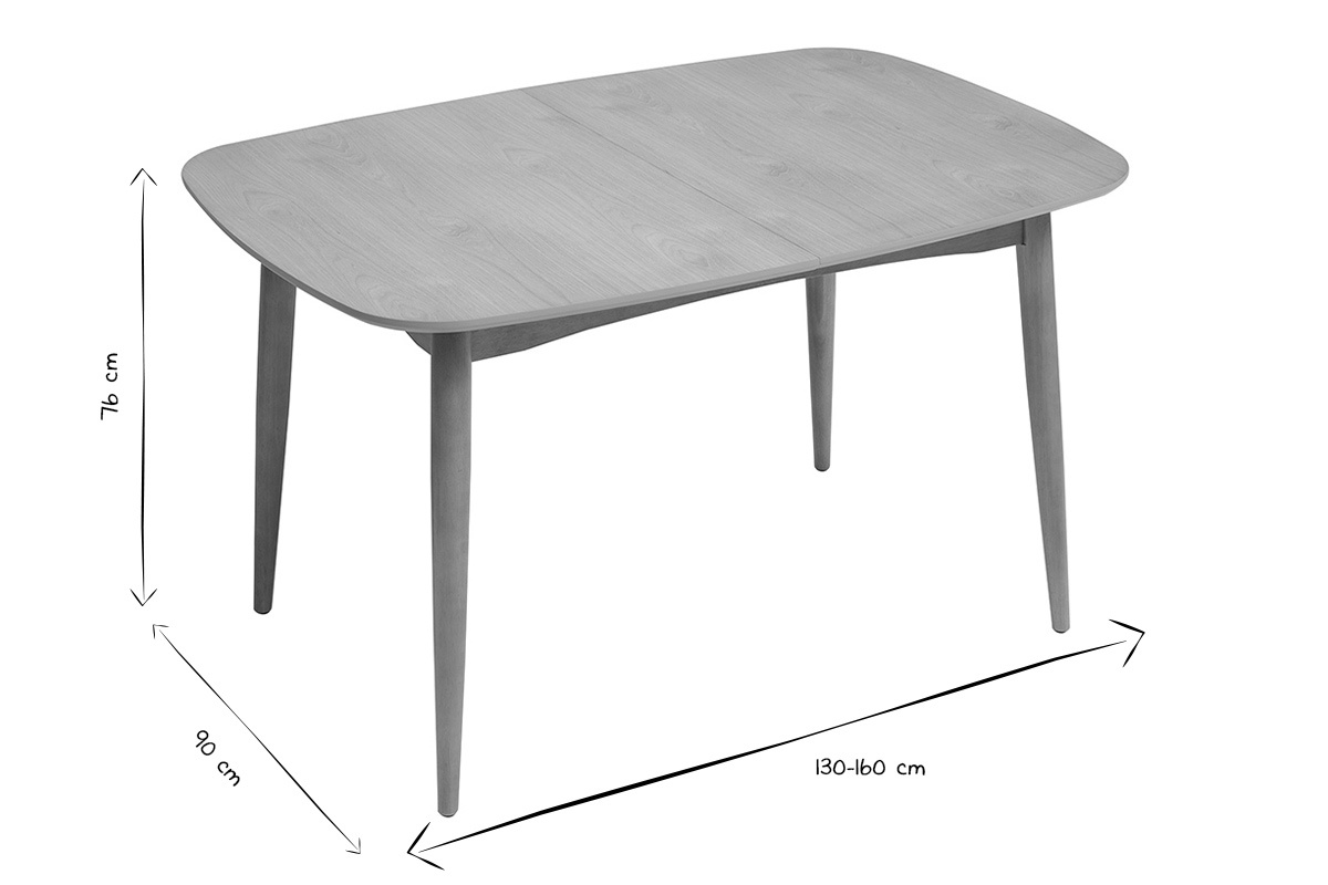 Mesa extensible rectangular 130-160 cm, dimensiones visibles, vista en blanco y negro.