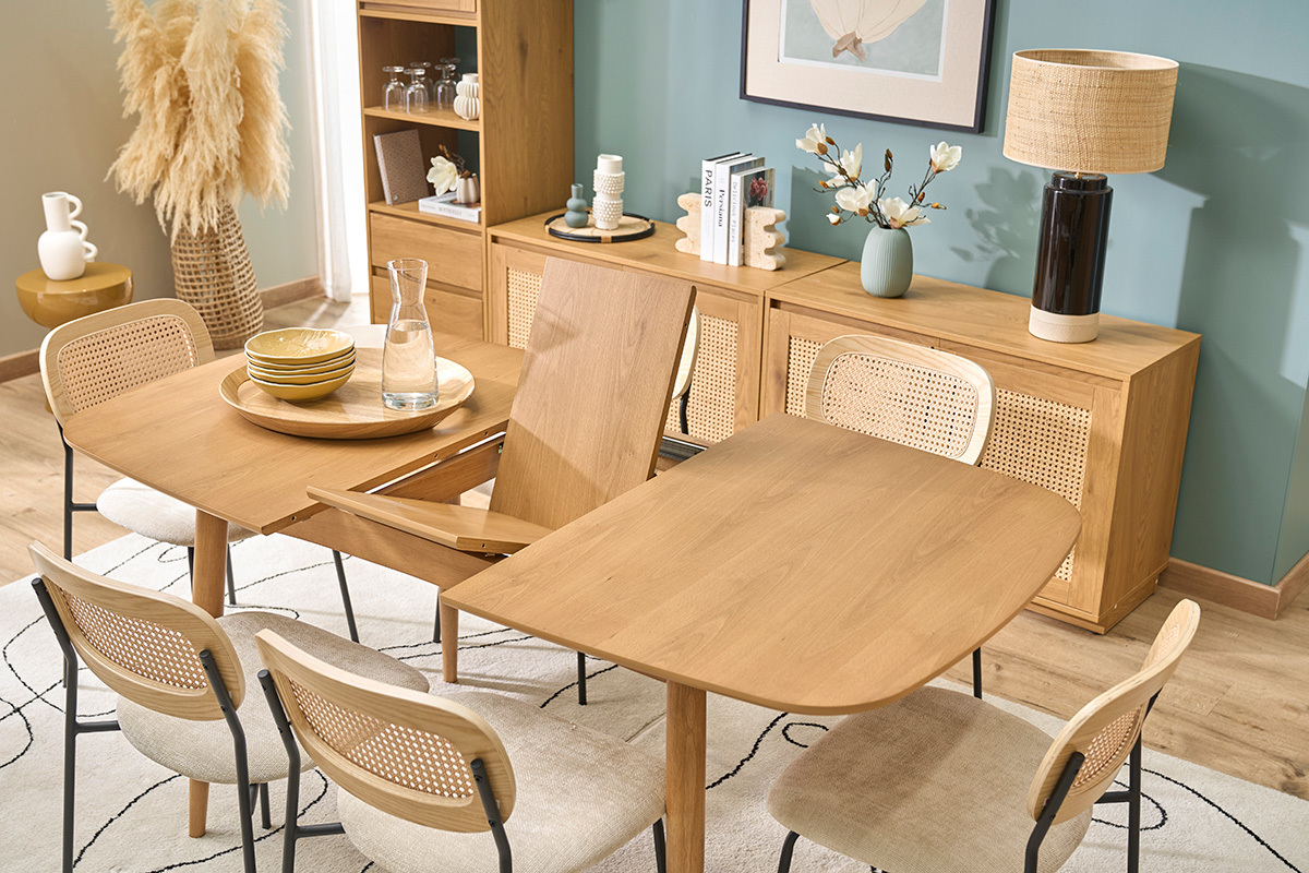 Mesa de comedor rectangular extensible de madera clara roble L130-160 cm HELMA
