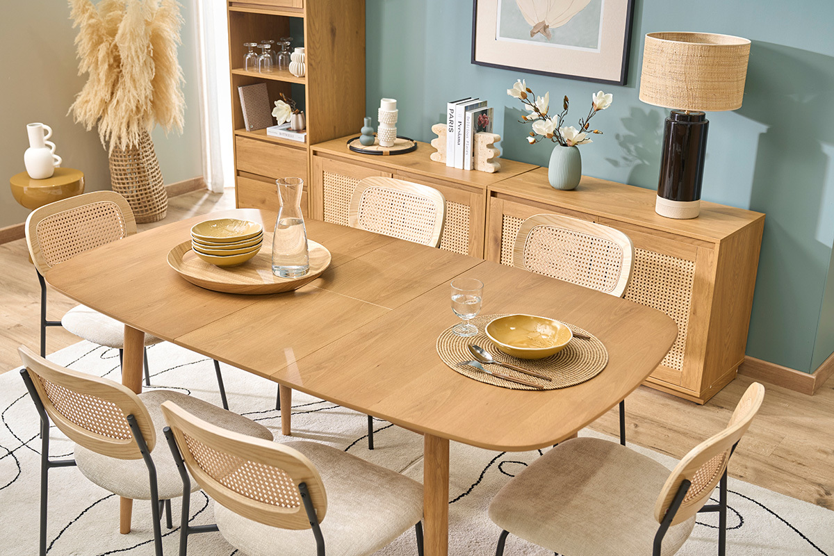 Mesa de comedor rectangular extensible de madera clara roble L130-160 cm HELMA