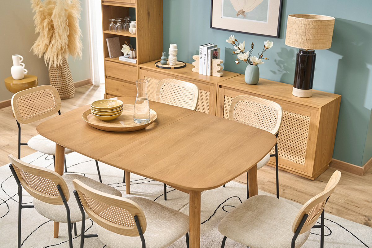 Mesa de comedor rectangular extensible de madera clara roble L130-160 cm HELMA