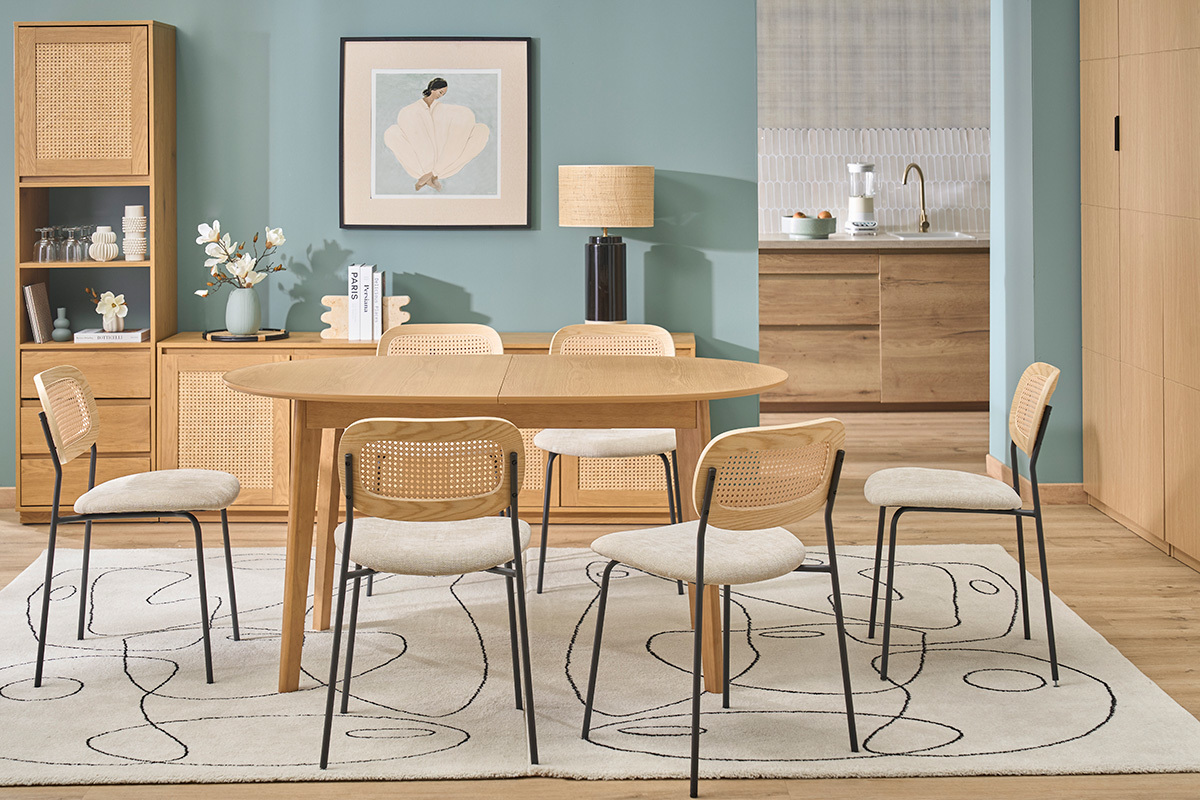 Mesa de comedor rectangular extensible de madera clara roble L130-160 cm HELMA