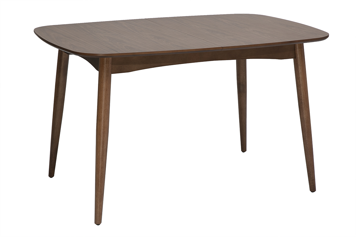 Mesa de comedor rectangular extensible de madera oscura, vista en tres cuartos