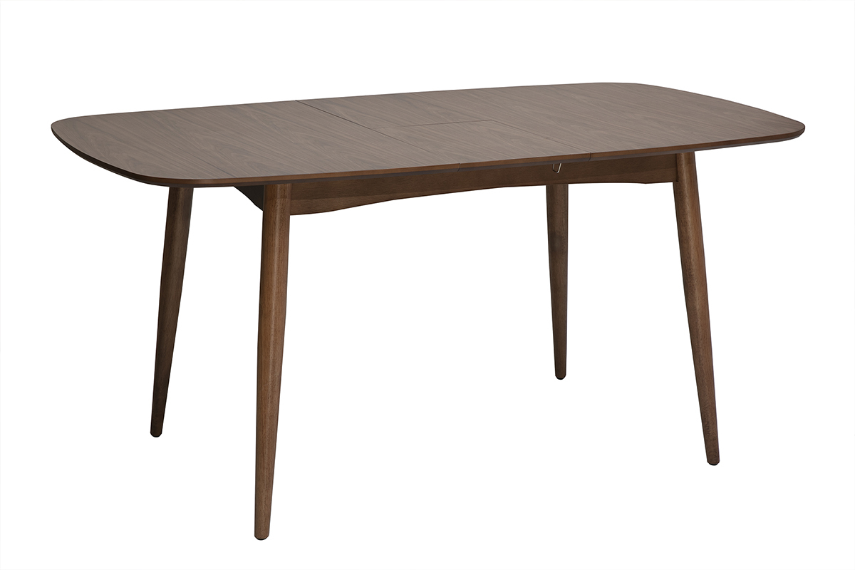 Mesa de comedor rectangular extensible de madera oscura nogal, vista en tres cuartos.