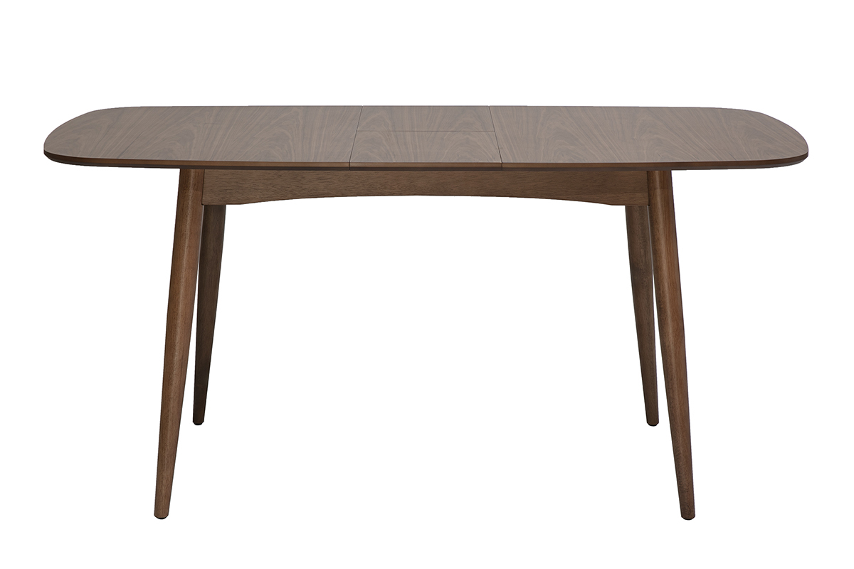 Mesa de comedor extensible de madera oscura nogal, vista frontal, dimensiones L130-160 x P90 x H76 cm.