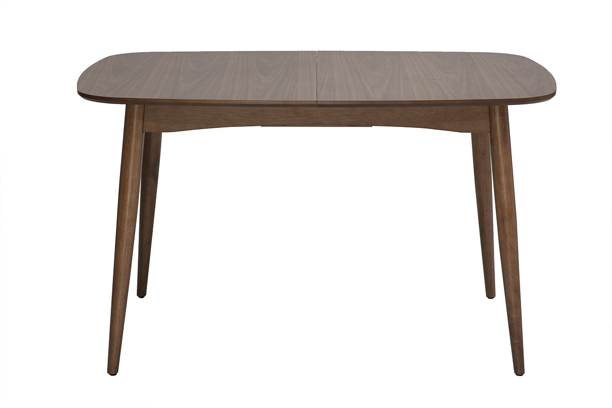 Mesa de comedor rectangular extensible de madera oscura nogal, vista frontal.