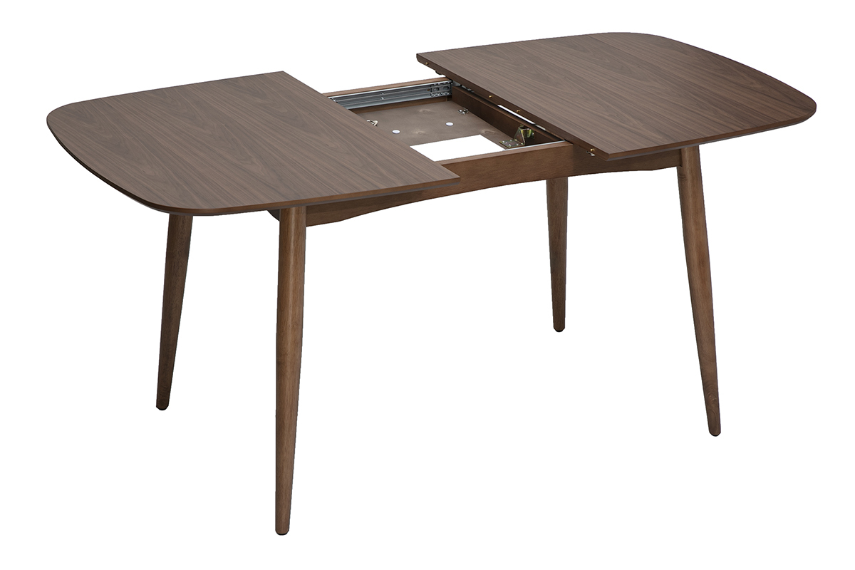 Mesa de comedor rectangular extensible de madera oscura nogal, vista en tres cuartos con la extensi�n abierta.