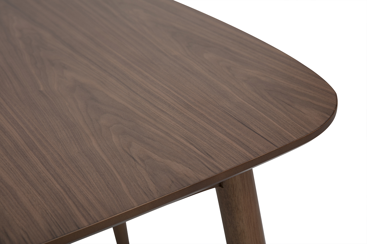 Plano de la mesa de comedor rectangular extensible en madera oscura nogal, vista en primer plano.