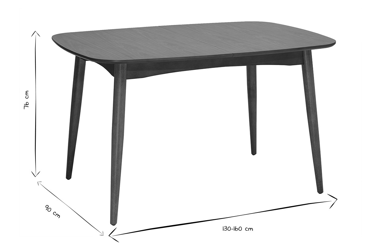 Dimensiones de la mesa de comedor rectangular extensible de madera oscura, L130-160 x P90 x H76 cm, en blanco y negro.
