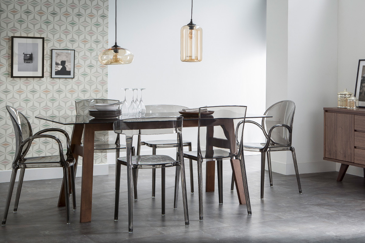 Mesa de comedor rectangular tablero cristal ahumado negro 180cm BACCO