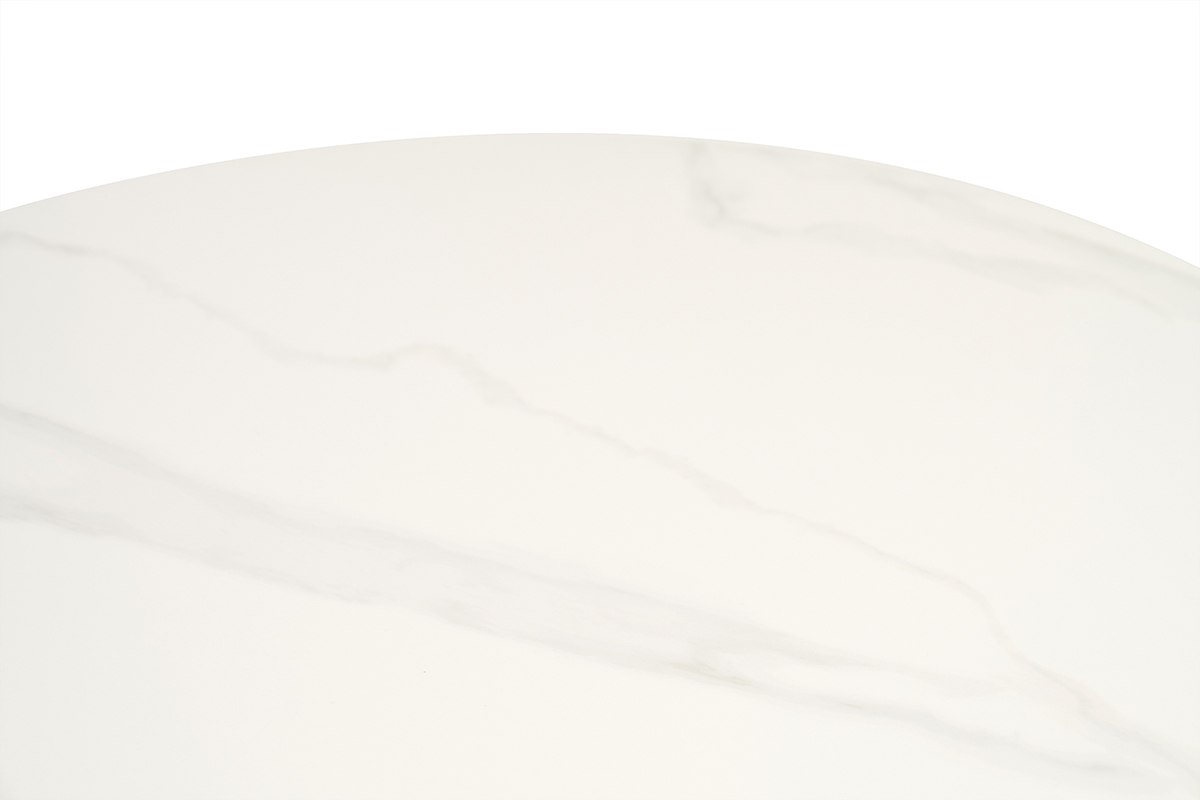 Primer plano de la bandeja de cermica blanca de la mesa de comedor redonda de diseo MALOU.