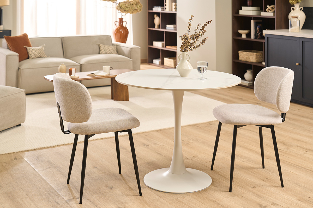 Mesa de comedor redonda de dise�o en cer�mica blanca y metal D90 cm MALOU