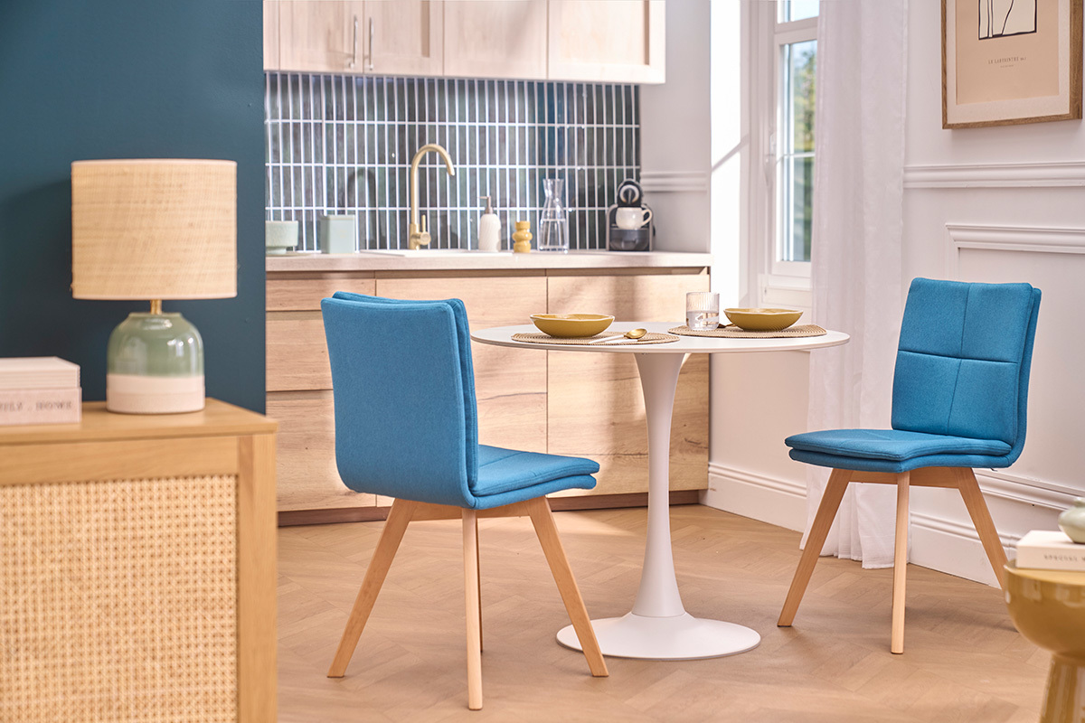 Mesa de comedor redonda de dise�o en cer�mica blanca y metal D90 cm MALOU