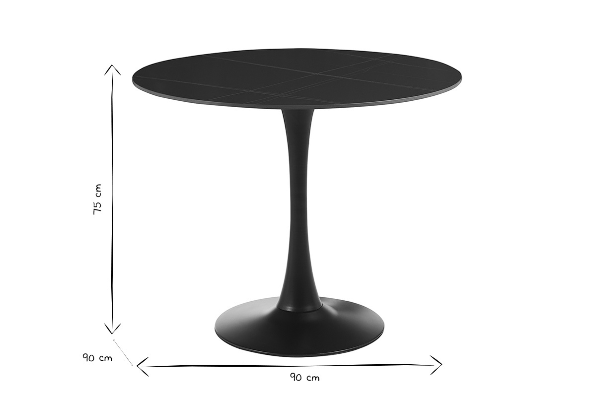 Dimensiones de la mesa de comedor redonda de cermica negra MALOU, D90 x H75 cm, vista lateral, en blanco y negro.