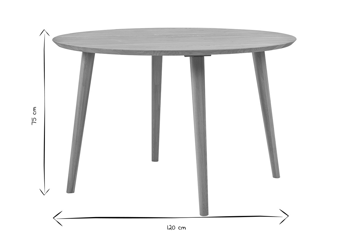 Mesa de comedor redonda de madera, dimensiones 120x75 cm, en negro y blanco.
