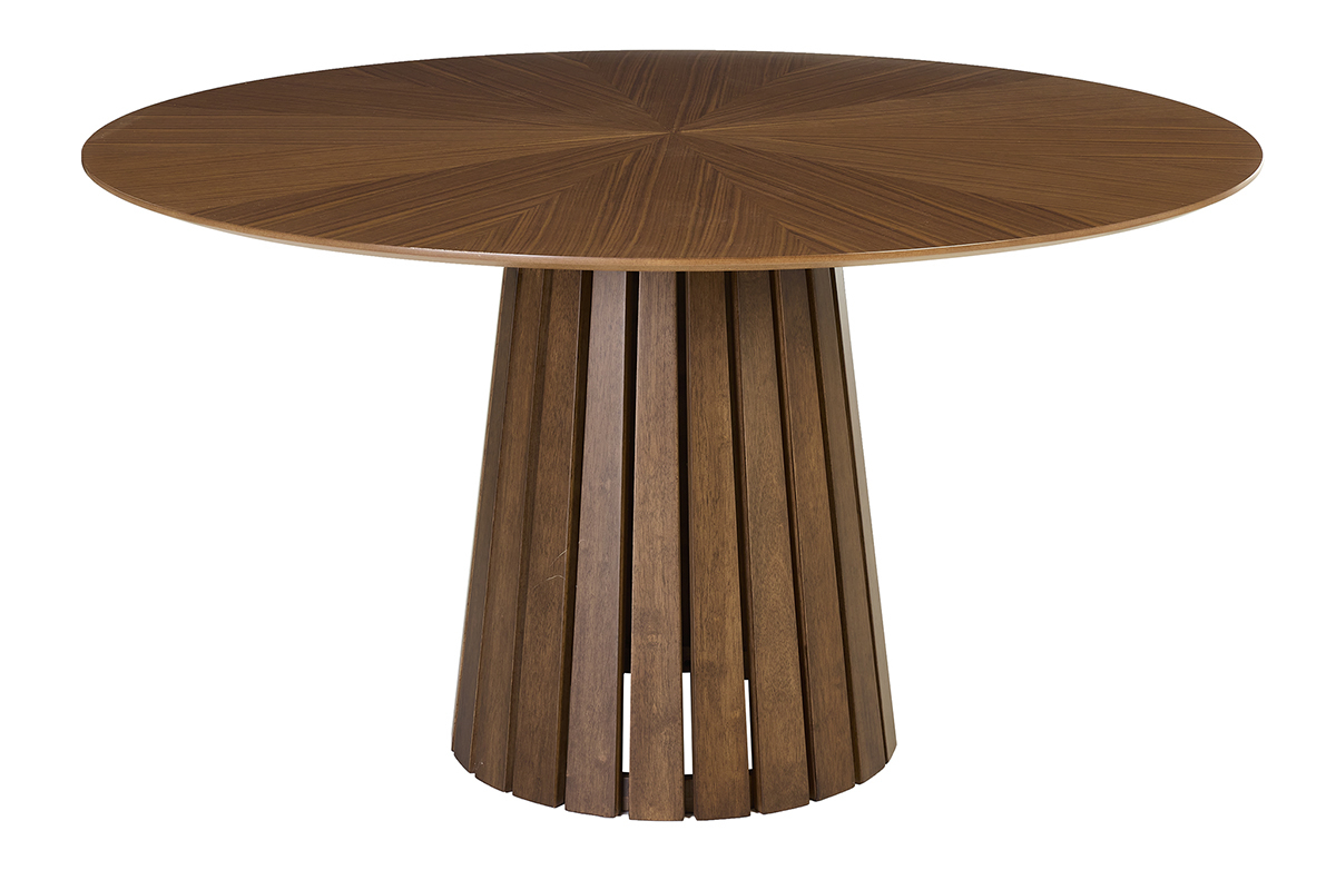 Mesa redonda de madera oscura con tapa de estrella y pie c�nico de listones.
