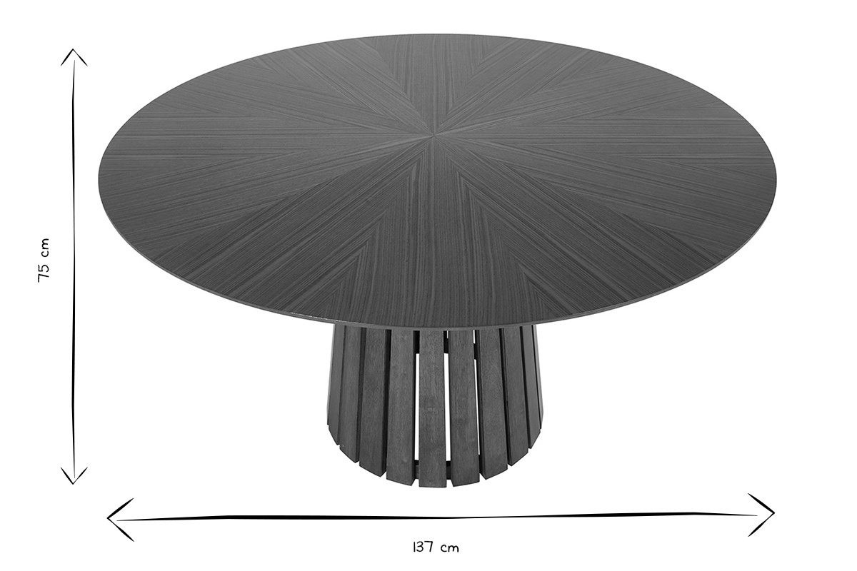Mesa redonda DITA, vista superior, dimensiones 137 cm de di�metro, 75 cm de altura, en blanco y negro.