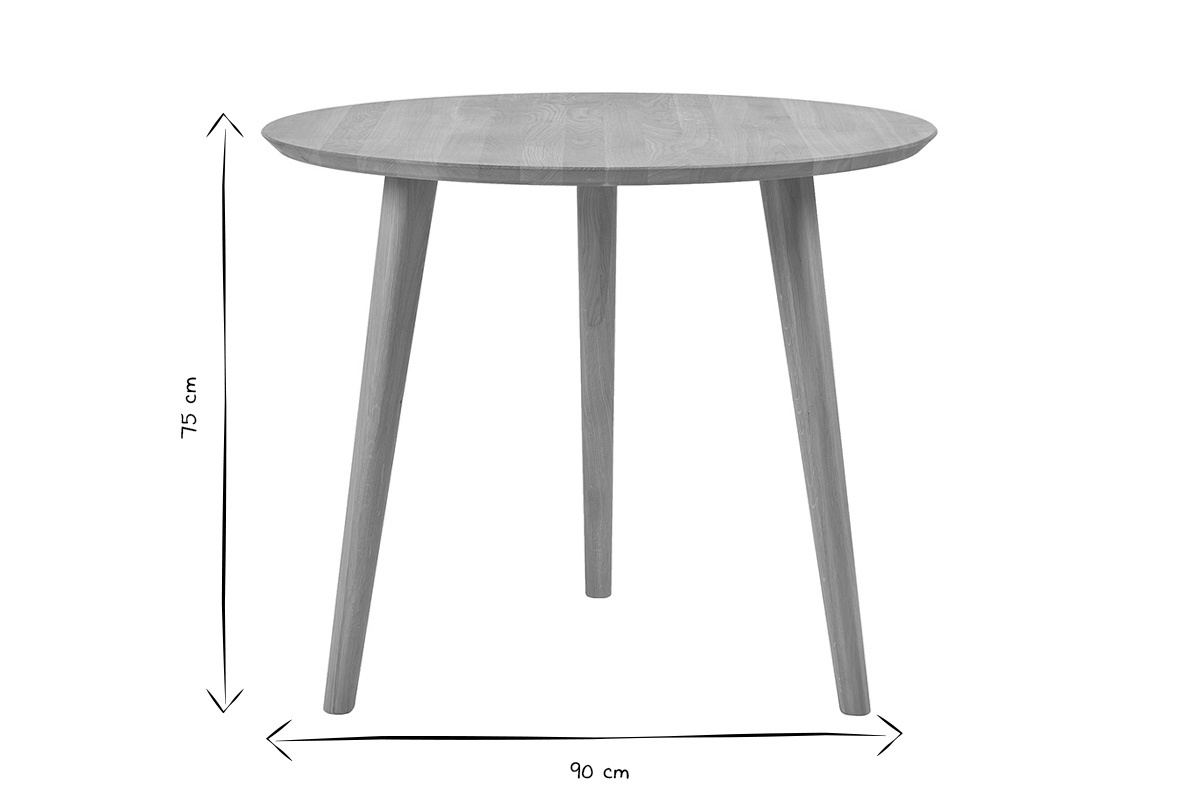 Dimensiones de la mesa redonda de roble, D90 cm, H75 cm, en negro y blanco