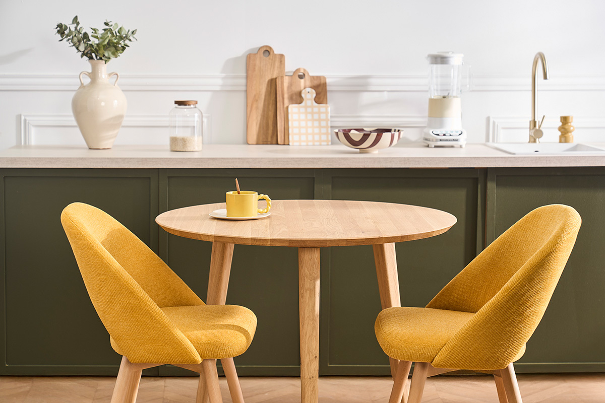 Mesa de comedor redonda en madera de roble claro macizo D90 cm OKSANA