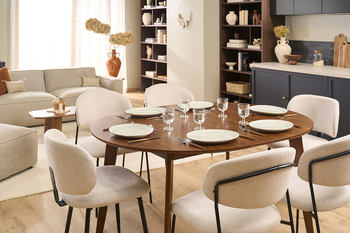 Mesa de comedor redonda extensible acabado nogal L120-150 cm LEENA