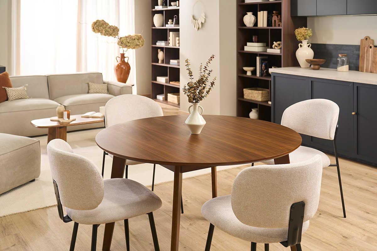 Mesa de comedor redonda extensible acabado nogal L120-150 cm LEENA