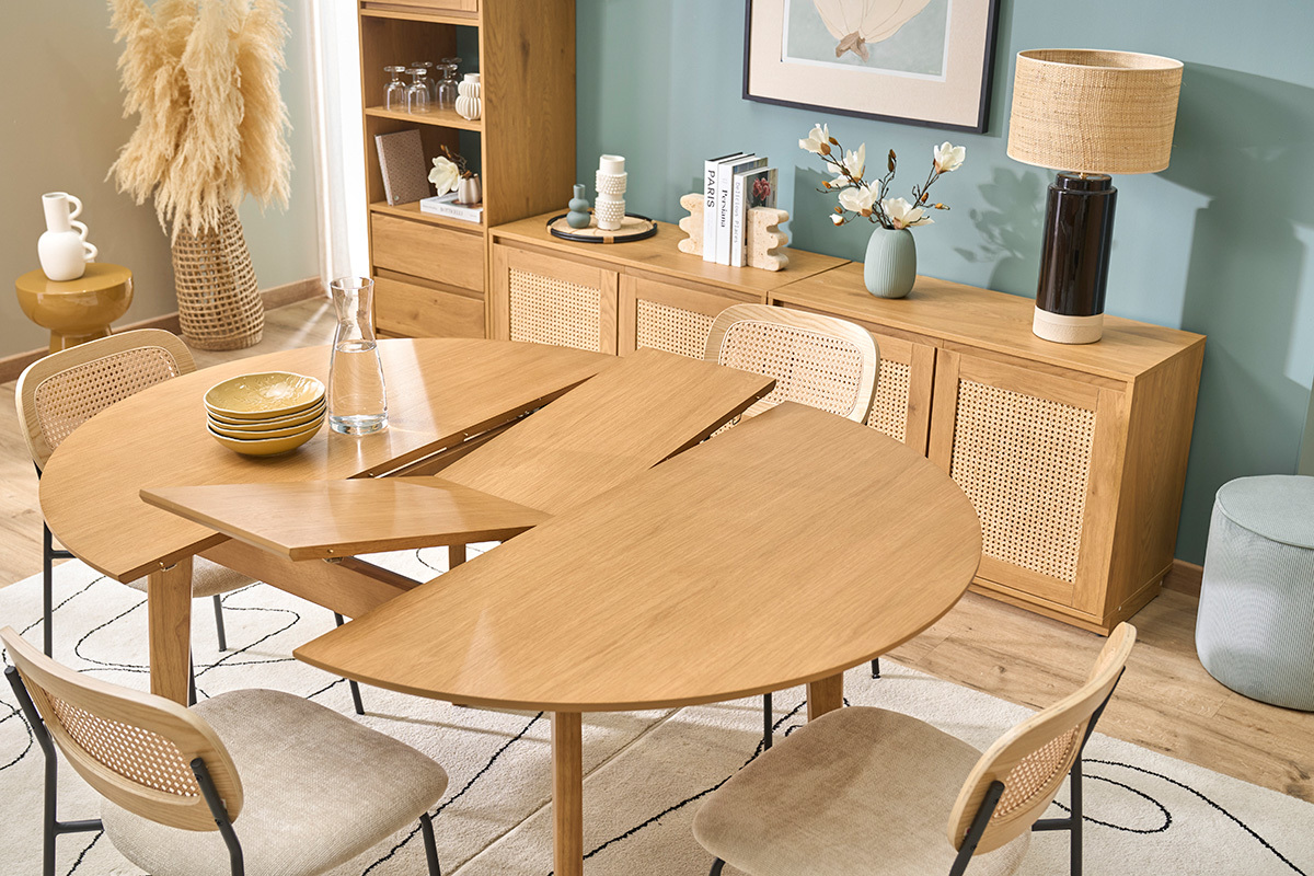 Mesa de comedor redonda extensible de madera clara roble L120-150 cm ANSEL