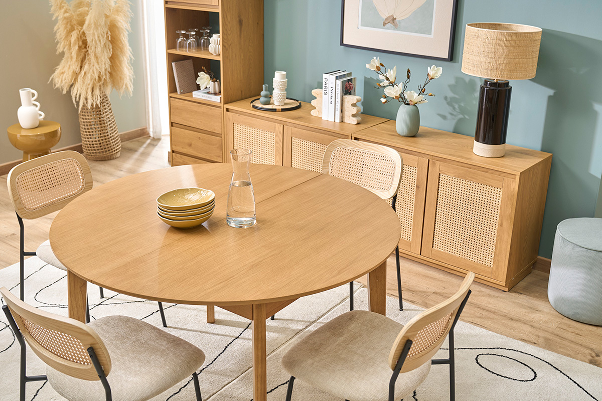 Mesa de comedor redonda extensible de madera clara roble L120-150 cm ANSEL
