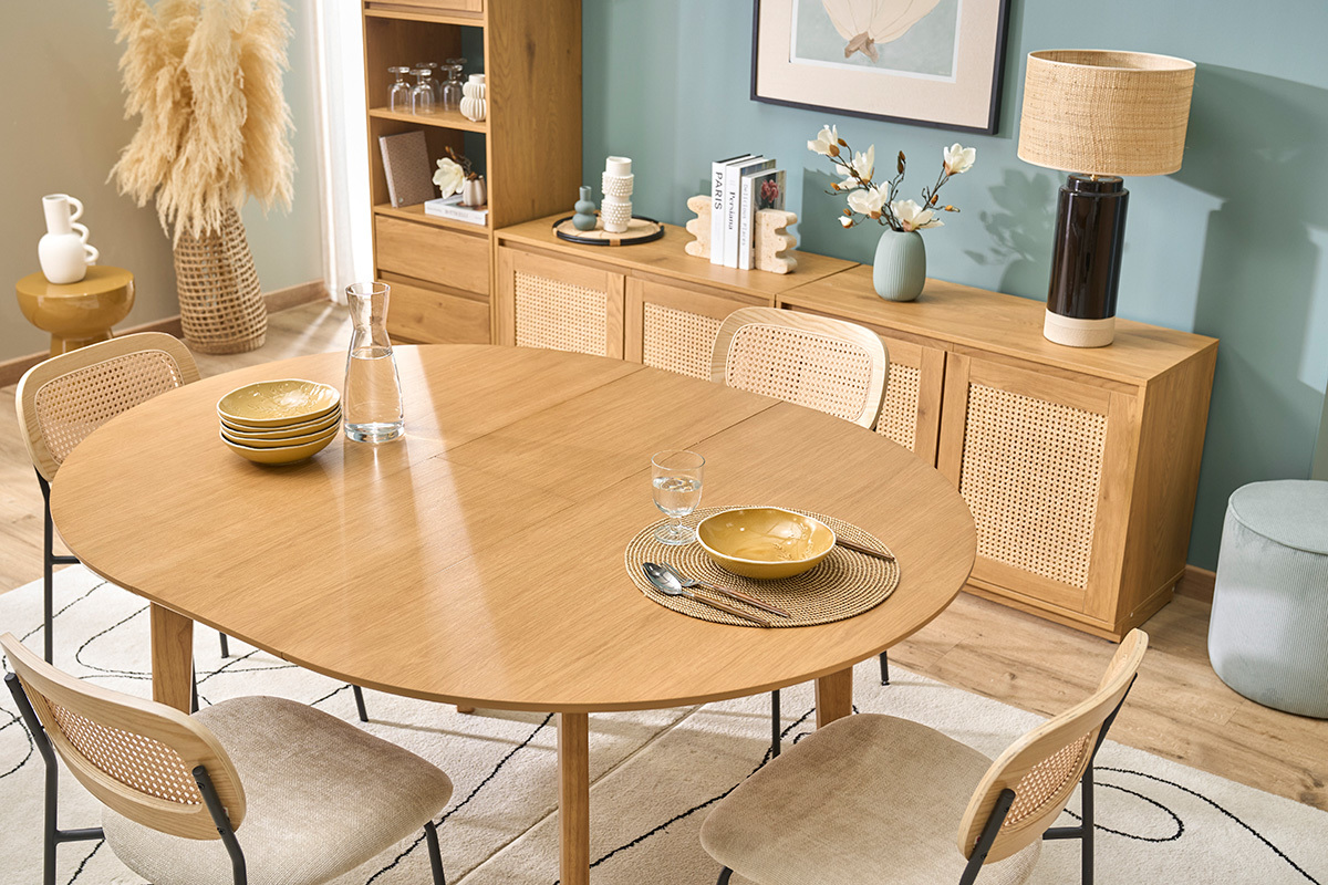 Mesa de comedor redonda extensible de madera clara roble L120-150 cm ANSEL